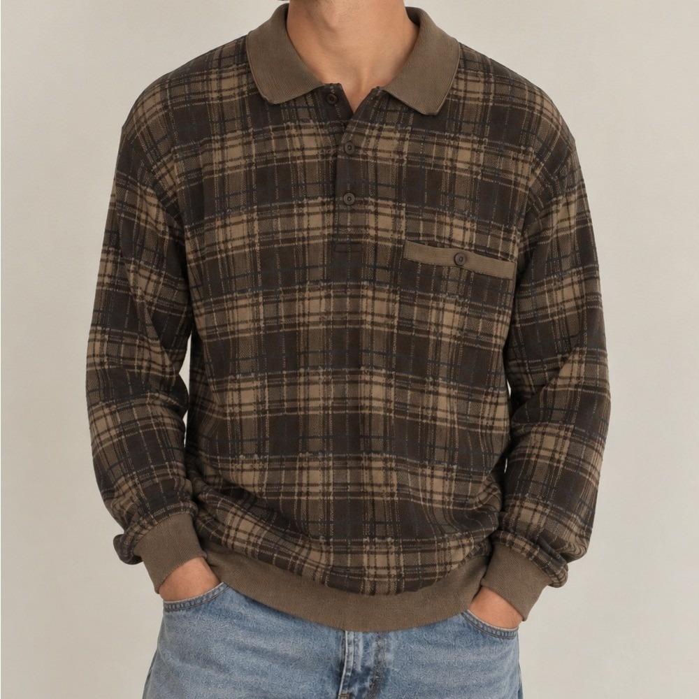 David Taylor Polo Shirt L Brown Plaid Long Sleeve Rugby Grandpacore Academia Vtg